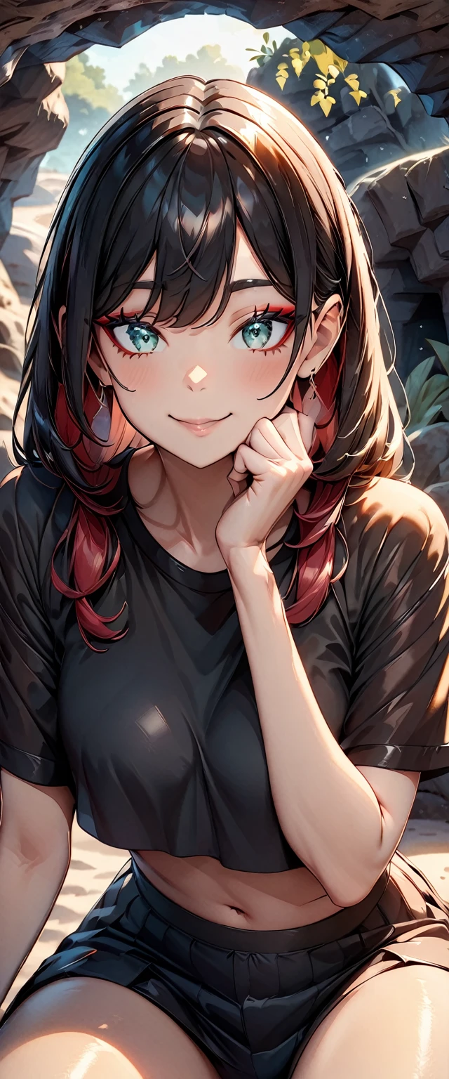 Photo of a girl with natural skin, (()), Smiling, ((Sitting, Leaning forward, Cheek resting on hand)), From the side, Round face, A girl wearing mainly black and red, ((Upper Body)), Beach cave, The light is shining in, High Twintails, Black hair with red mesh, Sharp eyes with red eyeshadow, Blue-green eyes, Shining eyes, A thin, upturned nose, Well-shaped lips, ((crop top overhang, Short sleeve, Black clothes, Thighs, Glamour body)), Makeup, Exquisitely crafted with the utmost attention to detail, Vibrant, amazing, Smooth, Cinematic, 4K, Backlight, (()), Shallow depth of field, ((Detailed eyes:1.3, Detailed lips:1.3, high quality, )), masterpiece, Super detailed images, High quality