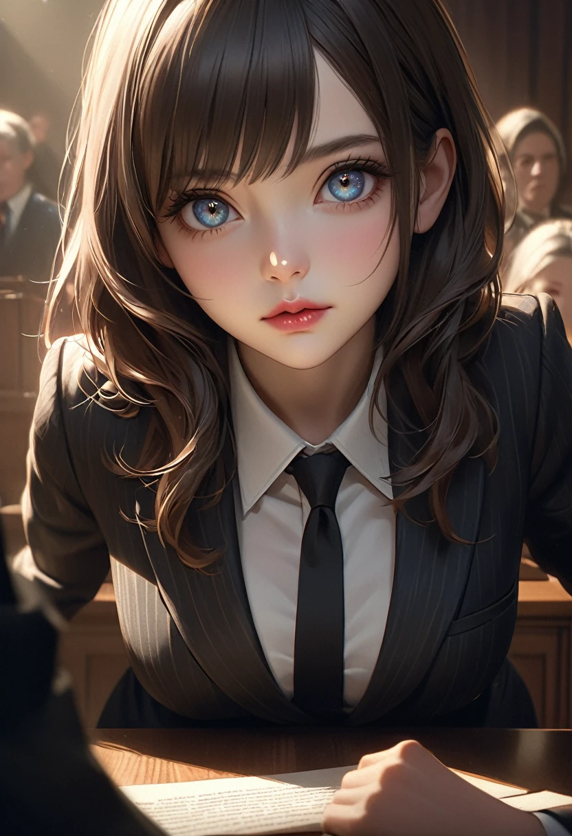 Beautiful and cute young female lawyer, standing in the courtroom, banging the desk with her fist and making a powerful defense:1.2, great storytelling, detailed depiction of the courtroom, realistic and detailed paintings, intricate details, dramatic scenes . Lighting, cinematic composition, rich textures, vibrant colors, chiaroscuro, sharp focus, surreal, photorealistic: 1.37, 16k, highest quality, high resolution, masterpiece: 1.2, professional digital art, through bangs Beautiful details (hair, cute face, eyes, pupils, long eyelashes, lips):0.8, middle breasts