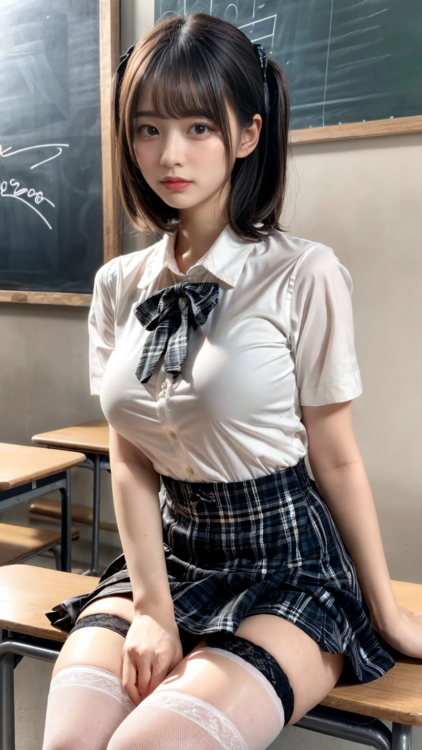 masterpiece, best quality, illustration, Super detailed, fine details, High resolution, 8K,wall paper, perfect dynamic composition,(Details High quality, realistic depiction of eyes:1.3), (white school shirt :1.2), (plaid skirt :1.3), tie black, black thigh-high stockings, sitting, open legs, short bob hair, in a classroom, blackboard in the background, deep on field, large breasts, black hair color, Big Natural Color Lip, (perfect body shape), crying a little、Harajuku style、30 year old girl、cute type、ta、beautiful legs, Gravure Idol