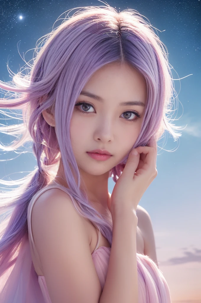 ((masterpiece,Highest quality)),(Negative Space:1.4),(One Girl, alone:1.4),Beautiful details,Pastel pink and lavender hair floating, Lavender eyes, At night, Starry Sky, Twinkle Star
