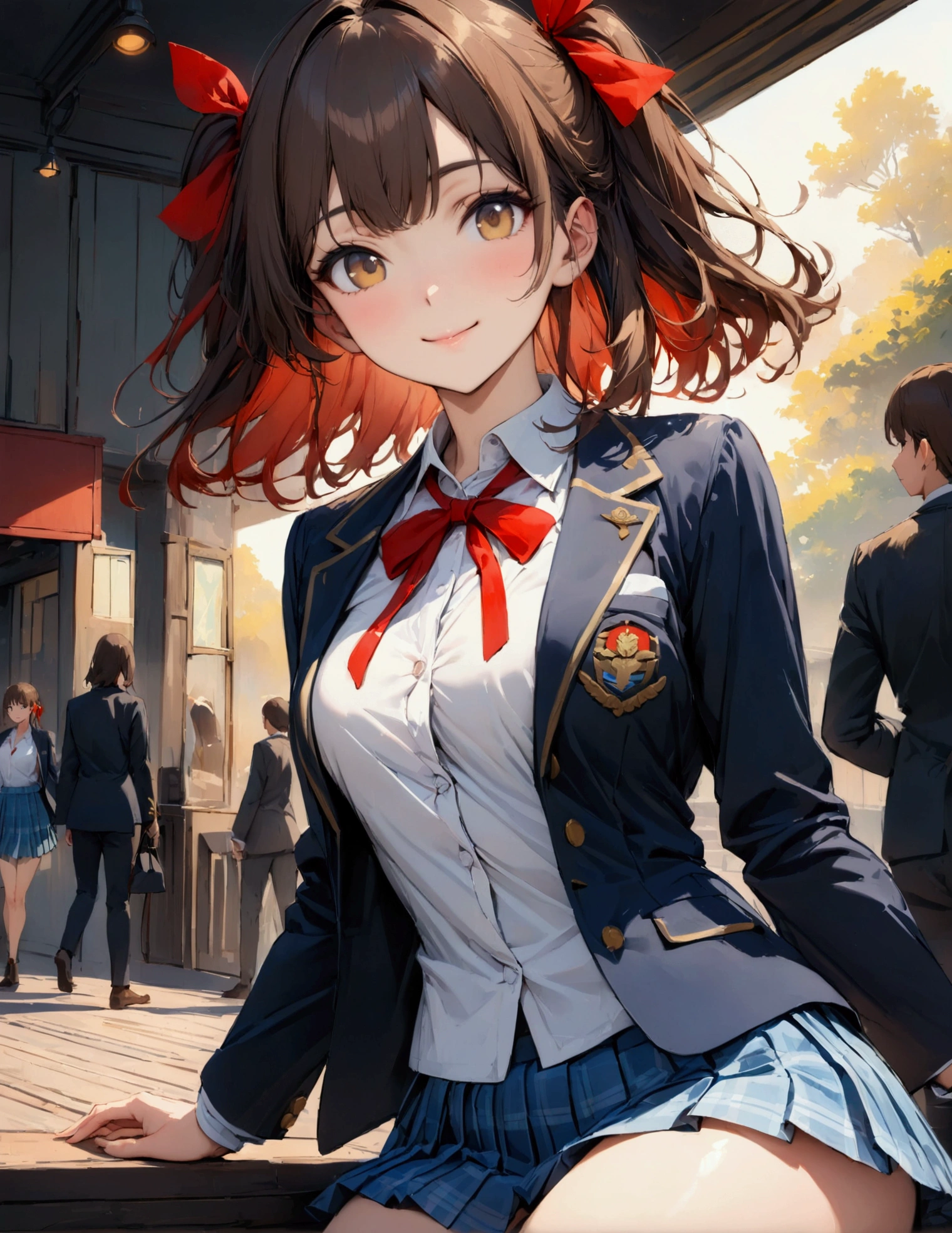 (masterpiece:1.3),(最high quality:1.4),(Very detailedな:1.5),High resolution,Very detailed,8k,artwork,High level of detail,rendering,high quality,Wide range of colors, Beautiful illustrations, (Natural Side Lighting, Cinema Lighting), View your audience, Cowboy Shot, Front view, 1 Anime Girl, Japanese, high school girl, Perfect Face, Cute and symmetrical face, Glowing Skin, 
(Medium Hair:1.2, ((Both sides up:1.2)), Brown Hair), Golden Eyes, Captivating thighs, Beautiful Hair, Beautiful Face, Beautiful attention to detail, Beautiful clavicle, Beautiful body,  Beautiful thighs, Beautiful legs, Beautiful fingers, (((Navy Blazer, Close Blazer), white blouse shirt, Light Blue Plaid Pleated Skirt, Red ribbon tie), Red hair ribbon), 
(Beautiful views), evening, River side, walk, (Cute Smile, Upward glance), 