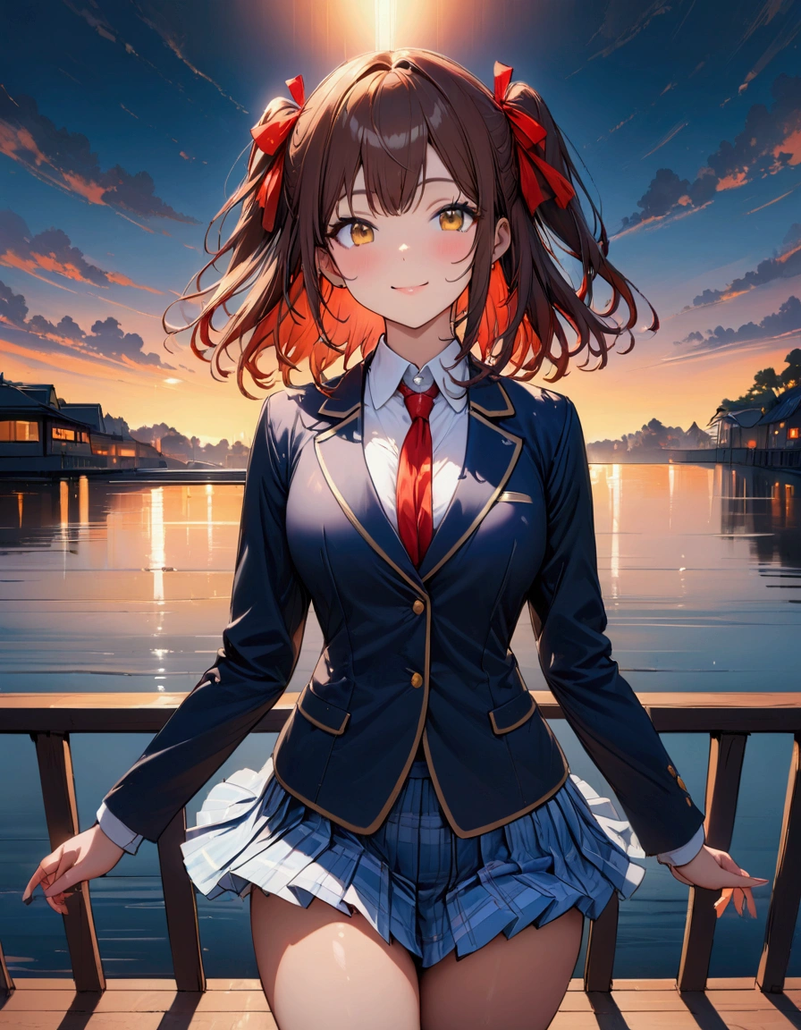 (masterpiece:1.3),(最high quality:1.4),(Very detailedな:1.5),High resolution,Very detailed,8k,artwork,High level of detail,rendering,high quality,Wide range of colors, Beautiful illustrations, (Natural Side Lighting, Cinema Lighting), View your audience, Cowboy Shot, Front view, 1 Anime Girl, Japanese, high school girl, Perfect Face, Cute and symmetrical face, Glowing Skin,
(Medium Hair:1.2, ((Both sides up:1.2)), Brown Hair), Golden Eyes, Captivating thighs, Beautiful Hair, Beautiful Face, Beautiful attention to detail, Beautiful clavicle, Beautiful body, Beautiful thighs, Beautiful legs, Beautiful fingers, (((Navy Blazer, Close Blazer), white blouse shirt, Light Blue Plaid Pleated Skirt, Red ribbon tie), Red hair ribbon),
(Beautiful views), evening, River side, walk, (Cute Smile, Upward glance),