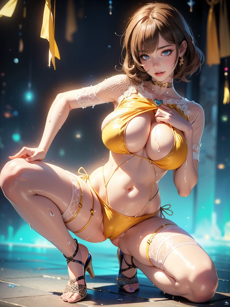 masterpiece, best quality, illustration, Super detailed, fine details, High resolution, 8K,wall paper, perfect dynamic composition,(Details High quality, realistic depiction of eyes:1.3), standing, (see through high leg swimwear cosplay:1.4), short bob hair、black hair color, Big Natural Color Lip, bold sexy pose, (ahegao:1.4), gal style、acrobatic pose, 28 year old girl、cute type、ta、beautiful legs, hotel room, gravure idol, Voluptuous thighs, (super very big breasts:1.4), Don't expose it, (huge breasts, cleavage:1.4),
(Her pussy and nipples stand out against her clothes:),
(Squatting position with legs apart
:1.4),
(There is litlle fabric from the chest to the navel:1.7),
(knee-high white lace stockings:1.4),
1woman, from above, upper shot, face close up,
(The crotch of my cute Lewd high leg light brown color enamel swimwear cosplay with all mesh fabric is soaking wet:1.7),
(see through lace mesh panties are digging in
:1.4),
Full body soaked,