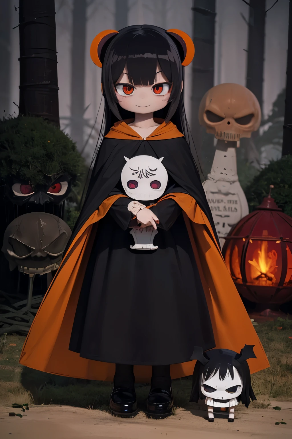 Photorealistic、Cute horror fantasy、Chibi Girl Doll（Devil Cosplay、Wicked Smile、Sagging under the eyes、Long eyebrows、Long nails、Orange eyes、Wear a long, big cloak） BREAK ,background(Musical notes around the doll, (dead tree:1.3), in the forest,shadow　the cardboard\(Bat,Skeleton,Crow\)\)