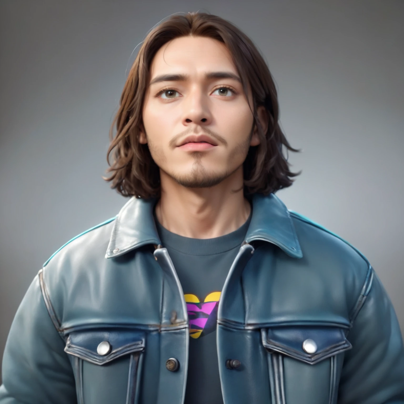 3d A man, wearing a white t-shirt, open black leather jacket, wearing a headband, Features high quality bright images, realistic details, cinematic, Full HD 16k.