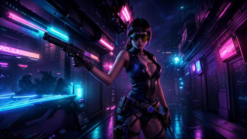 at night. sci-fi city street, neon-themed artwork with vibrant purple and blue colors, intense neon lights illuminating the entire scene, a dense layer of mist creating a dreamy atmosphere, a captivating and mesmerizing background with intricate details, a gaming-inspired theme with RGB lighting effects. (((1girl, solo, alone))), female assassin, large-breast:1.4 slim:0.8 body, medium hair, cleavage:1.1, sexy micro laced lingerie, (black sunglasses), (((((she raised a pistol:1.8 and shot the viewer))))), standing pose, ((half-body thigh:0.95 level medium shot)), cinematic lighting, lens flare, ray tracing.