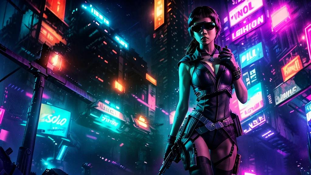 at night. sci-fi city street, neon-themed artwork with vibrant purple and blue colors, intense neon lights illuminating the entire scene, a dense layer of mist creating a dreamy atmosphere, a captivating and mesmerizing background with intricate details, a gaming-inspired theme with RGB lighting effects. (((1girl, solo, alone))), female assassin, large-breast:1.4 slim:0.8 body, medium hair, cleavage:1.1, sexy micro laced lingerie, (black sunglasses), (((((she raised a pistol:1.8 and shot the viewer))))), standing pose, ((half-body thigh:0.95 level medium shot)), cinematic lighting, lens flare, ray tracing.