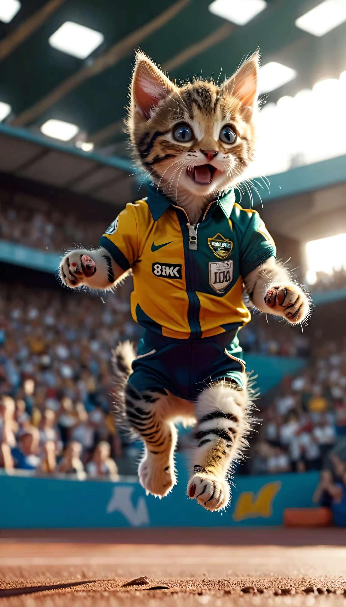 ((8k)), highest quality, 超High resolution, (High resolution), A kitten is jumping high in an athletics uniform, Athletics Stadium, Loud cheers from the audience, Desperate form