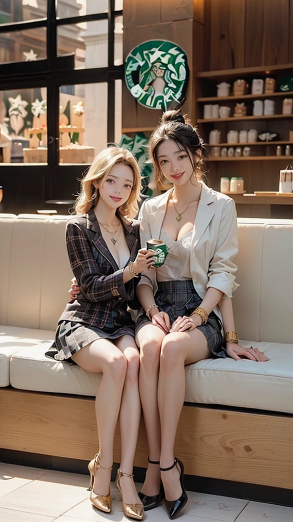 8k、RAW Photos、Highest quality、Super detailed、Super Resolution、Ultra HD、8k wallpaper、Amazing details blazer uniform girl ((White blouse with formal collar, Pink Blazer, Black plaid skirt, Red checkered ribbon on blouse)), Complete limbs, Full Finger, (((Small hands)))
(((((Two Women)))))
((((((Inside the Starbucks store))))))、16 year old female student、
(((((Eat cake、Drink coffee、smile)))))、
(((Heart Necklace、Gold bracelet)))
(((Emphasize cleavage)))
((((Woman sitting at the window seat))))
((((White skin))))
((((Full body photo))))