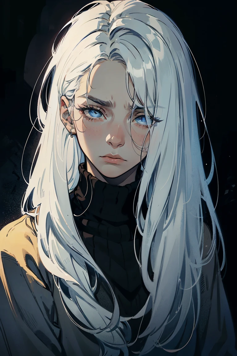 ((1 boy)), detaile close portrait, (long straight white hair), loose hair, (Hair closes the eyes), big Blue eyes, long eyelashes, beautiful detailed eyes, modest, quiet, lonely, An anxious look, upset, black soft sweater, soft light, beautiful detailed face, 8K, masterpiece, dark background, details on the background