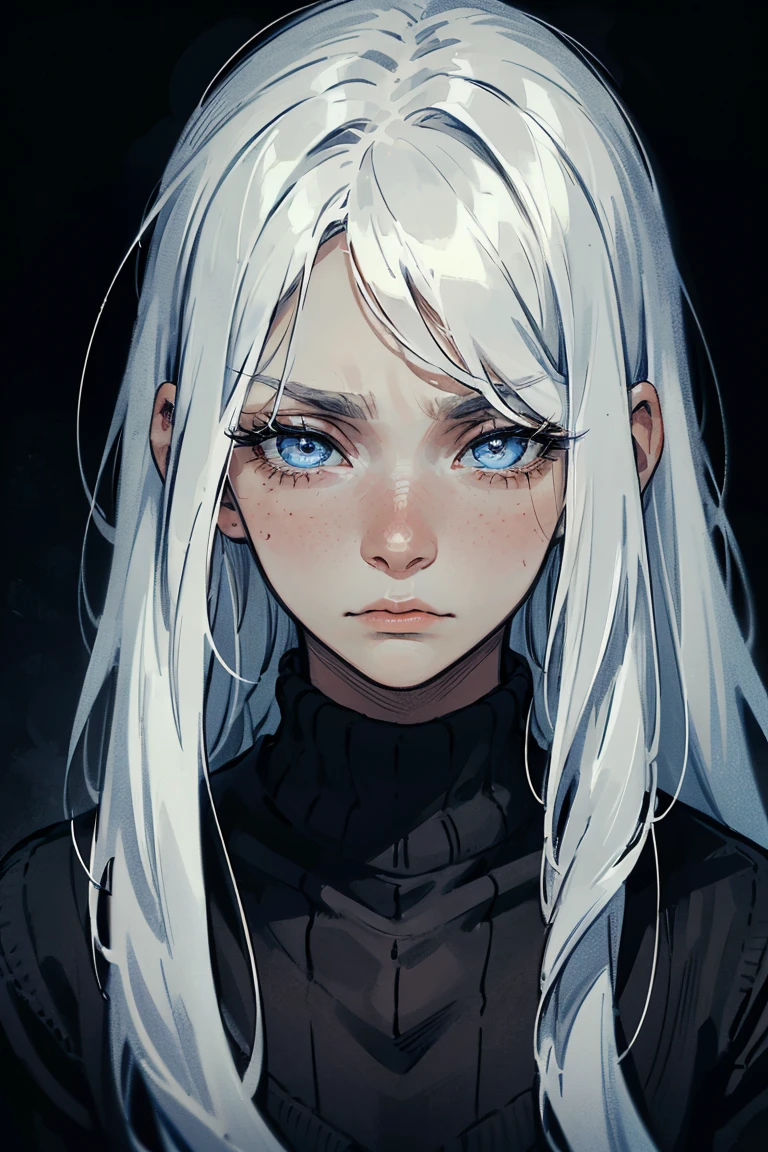 ((1 boy)), detaile close portrait, (long straight white hair), loose hair, (Hair closes the eyes), big Blue eyes, long eyelashes, beautiful detailed eyes, modest, quiet, lonely, An anxious look, upset, black soft sweater, soft light, beautiful detailed face, 8K, masterpiece, dark background, details on the background