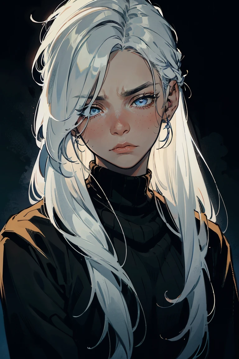 ((1 boy)), detaile close portrait, (long straight white hair), loose hair, (Hair closes the eyes), big Blue eyes, long eyelashes, beautiful detailed eyes, modest, quiet, lonely, An anxious look, upset, black soft sweater, soft light, beautiful detailed face, 8K, masterpiece, dark background, details on the background