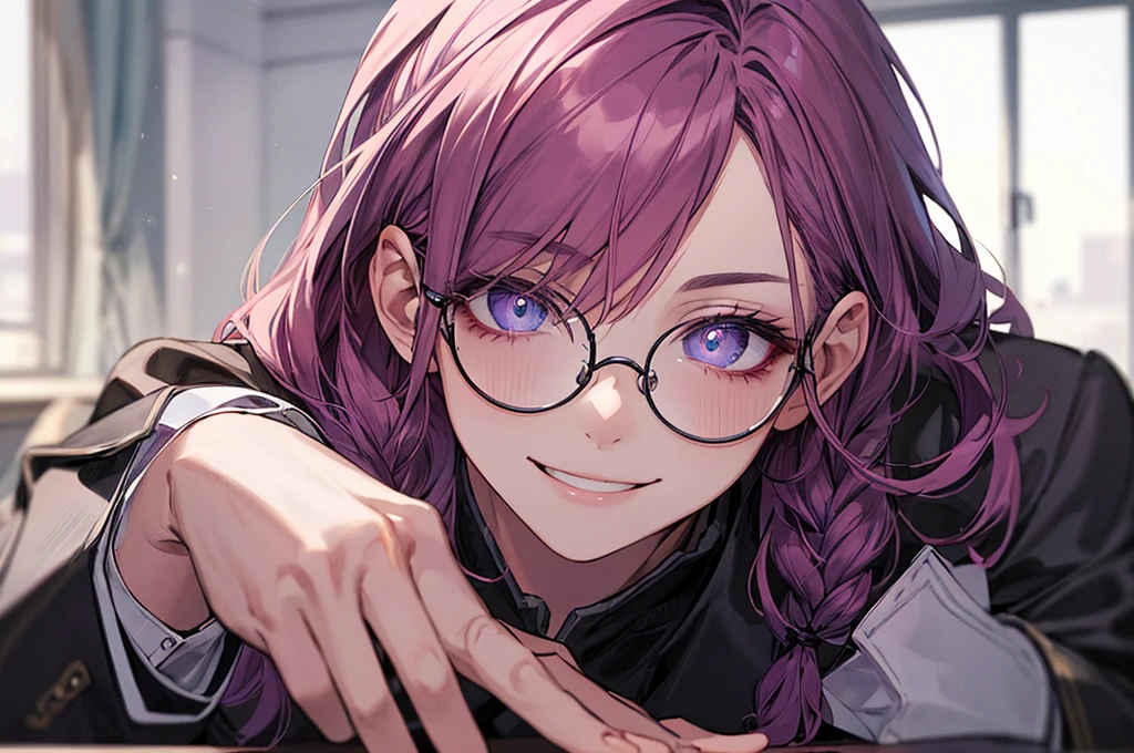 men's,single braid hair,violet colored hair,(Eye 1:2,Clear eyes,Elaborate Eyes,Delicate pupils,Good eyes,eye detailed),Face Focus,Adult,In black suit,best qualtiy,facial detailing,Classroom,sit on desk,sitting in the couch,lazy,Detailed background,diffuse sunlight,depth of fields,Studying Smiling at your desk, violet eyes,black gloves, round glasses, long sleeves,violet hair, smile,