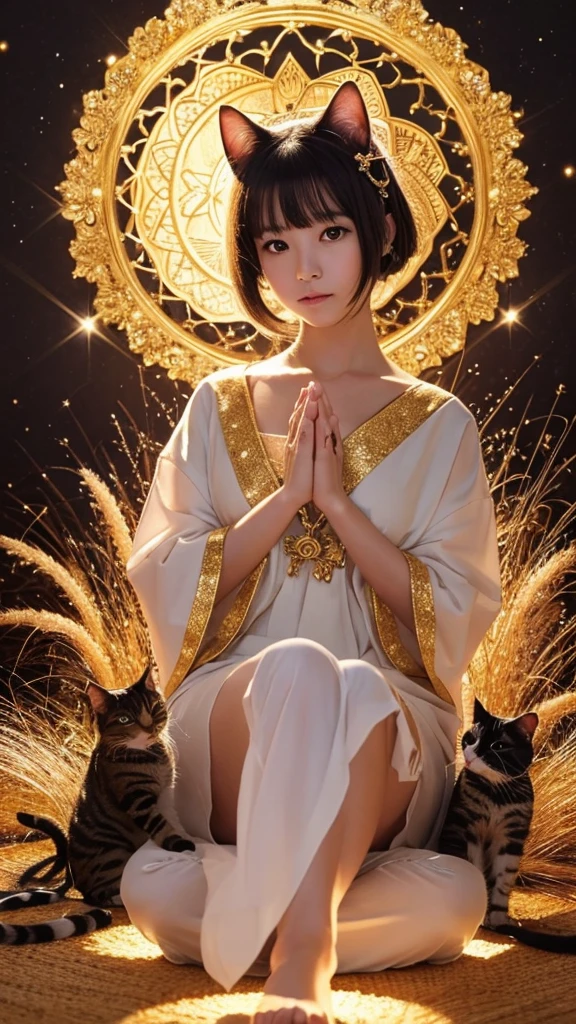 Please prepare images that can be used for spiritual purposes.、Catをモデルにして大仏のような格好をしてください、全体的にキラキラしたgoldでまとめてください、gold、Clasp your hands in front of you、Legs crossed、顔はCat、体もCat、The background is also sparkly and spiritual.、Cat、Cute woman