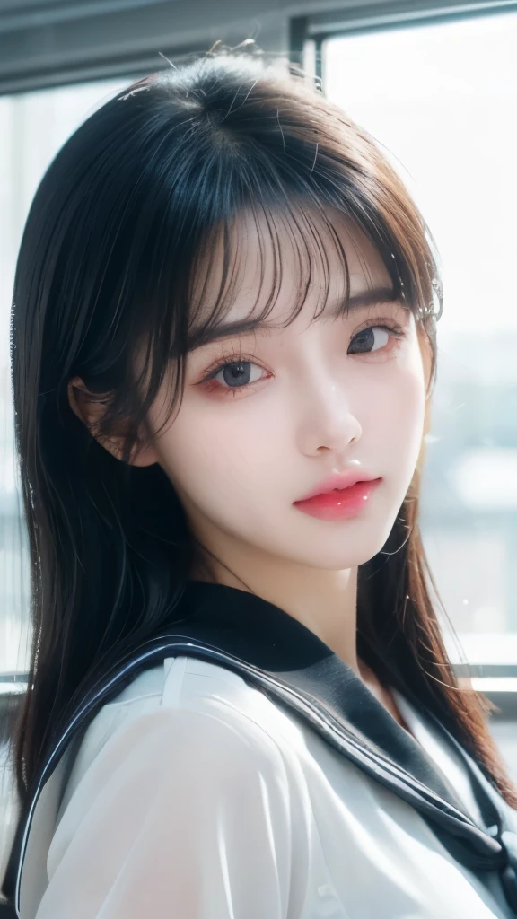 (8K, RAW photos, Reality:1.25) ,( Lip Gloss, eyelash, Glossy surface, Smooth skin, best quality, Ultra-high resolution, Depth of Field, Chromatic Aberration, Caustics, Broad lighting, Natural shade,Korean Idol) Looking at the audience with calm and goddess-like happiness, High school classroom, Sailor Suit, mini skirt,photograph,