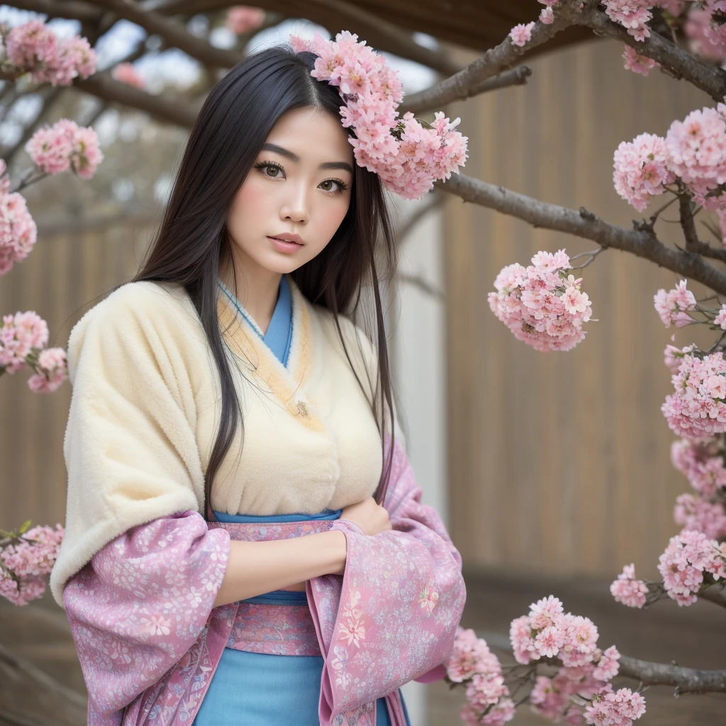 Generate me the most beautiful Japanese woman in the world , with a magnificent face very detailed very beautiful very original, a just magnificent Japanese outfit and a Japanese background
