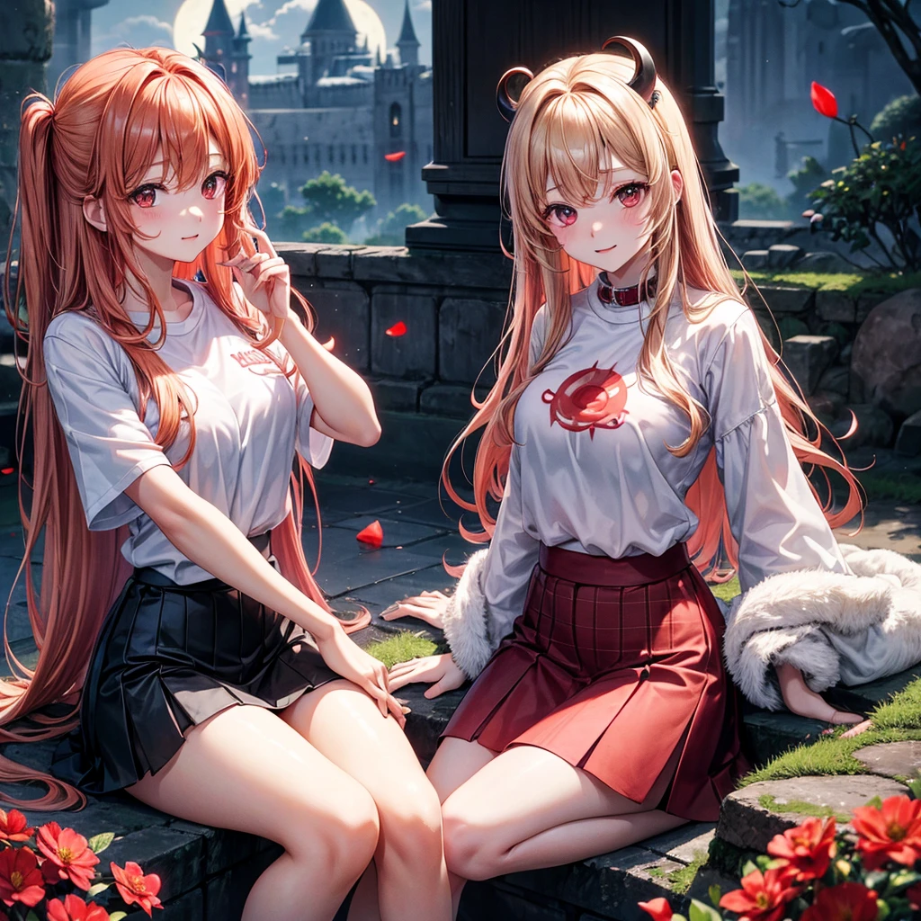 Red-blonde、Red eyes、One cute girl、solo、And soul、Light clothing、Checked mini skirt、petal、Wet hair、Sit on、black t-shirts、large tree、cloud、full moon、monster castle、lanthanum、Hell's Gate、Craft Gatekeeper、barefoot、Stones are piled up、Teeth are visible、Secret Treasure、Wooden chair、Moss grows、Fortress City