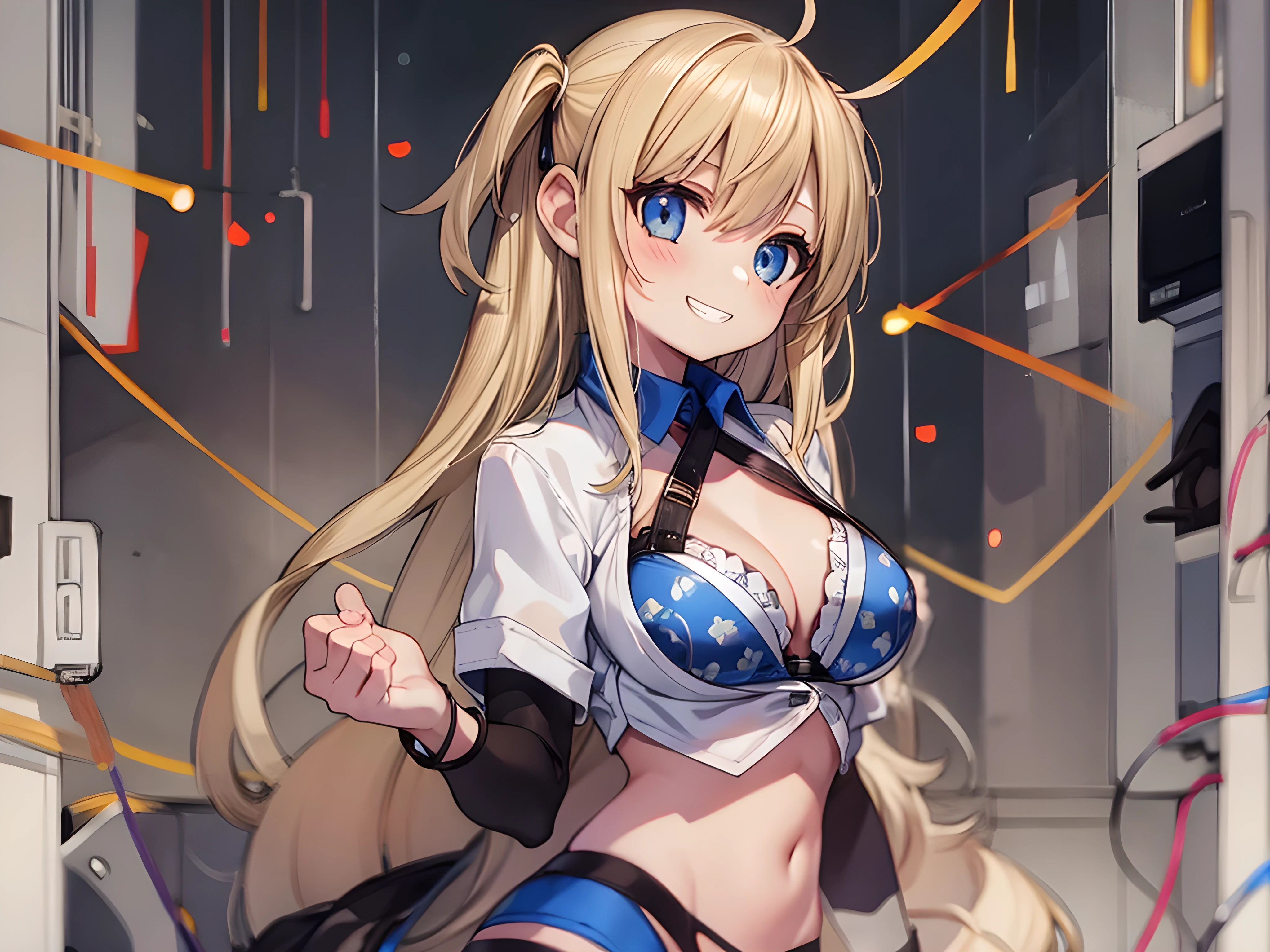 1girl,solo,blond hair,twintail,(light grin:1.4),(smile:1.2),bangs,blue eyes,(large breasts:0.5),open formal shirt,sakura pattern bikini,panties,white background,