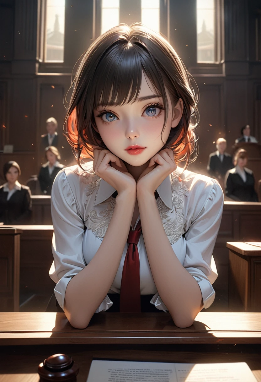 A scene of a beautiful and cute young female lawyer, standing up with both hands on the desk:1.4, and making a powerful defense in court, a wonderful story telling, a detailed depiction of the courtroom, realistic and detailed paintings, intricate details, dramatic scenes. Lighting, cinematic composition, rich textures, vivid colors, chiaroscuro, sharp focus, surreal, photorealistic: 1.37, 16k, highest quality, high resolution, masterpiece: 1.2, professional digital art, through bangs,Beautiful details (hair, cute face, eyes, pupils, long eyelashes, lips), middle breasts, 