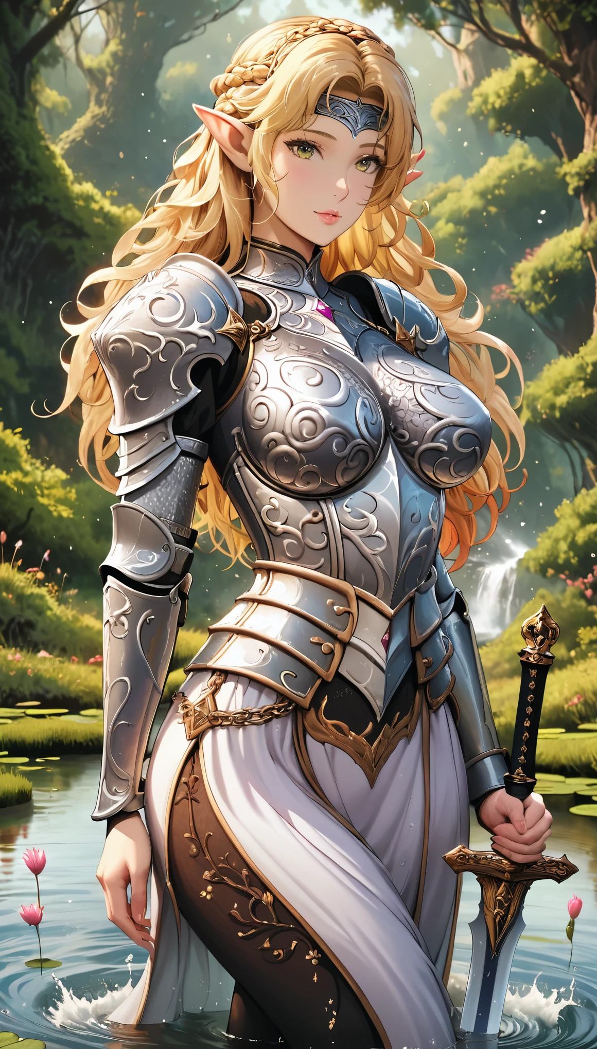 ((best quality)), ((masterpiece)), (detailed), 1 lady, mature, elf, blonde hair, wave hair, shiny hair, forehead protector, pointy ears, Grip the sword, hold the sword, knight, greem clothes, Chainmail, at pond in forest