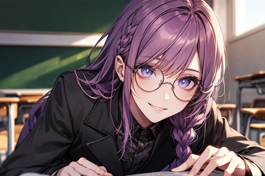 men's，single braid hair，violet colored hair，（Eye 1：2，Clear eyes，Elaborate Eyes，Delicate pupils，Good eyes，eye detailed），Face Focus，Adult，In black suit，best qualtiy，facial detailing，‎Classroom，sit on desk，sitting in the couch，lazy，Detailed background，diffuse sunlight，depth of fields，Studying　Smiling at your desk, violet eyes,black gloves, round glasses, long sleeves,violet hair, smile,