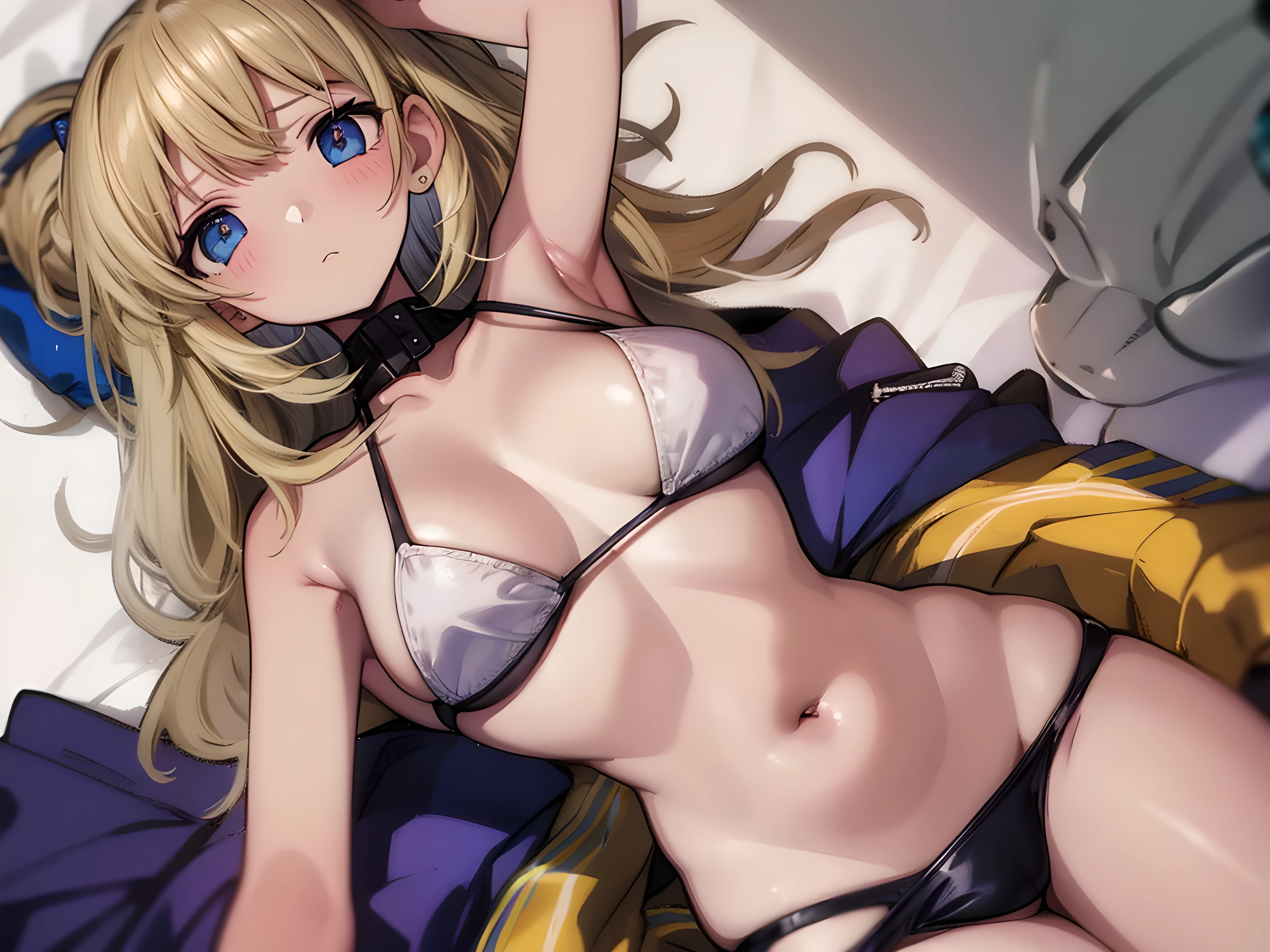 bright contrast, blonde girl, forehead, white background, original bikini, navel focus,
