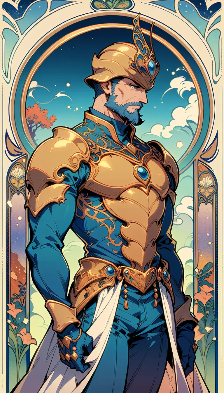((best quality)) , ((masterpiece)) , (detailed)，1boy, male focus, solo, shirt, helmet, pants, denim, armor, facial hair, blue pants, gloves, beard, jeans, holding,(((art nouveau style ， elegant, decorative, curvilinear forms, nature-inspired, ornate, detailed)))
