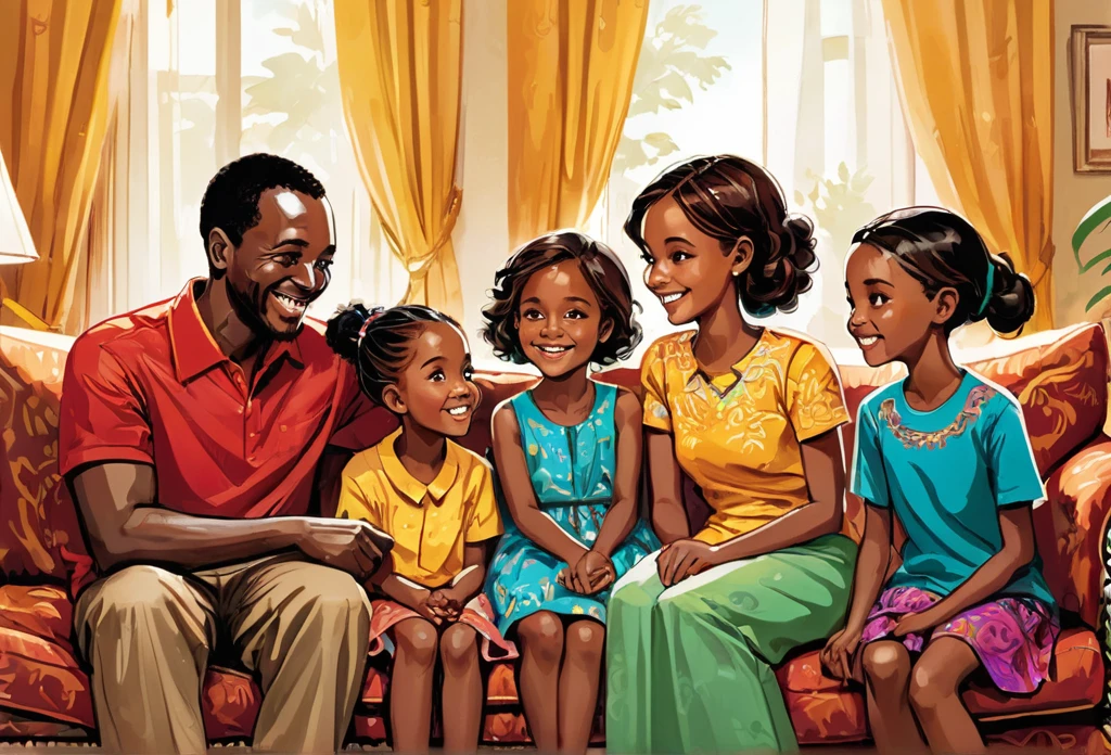 A family of 5, father, mother, a ten years old boy, a thirteen years old girl, and a six years old girl, sitting on a couch together, discussing, smiling, family, casual dress, Indoor.
African (masterpiece best quality:1.2) delicate illustration ultra-detailed, illustrations, bright, colourful,