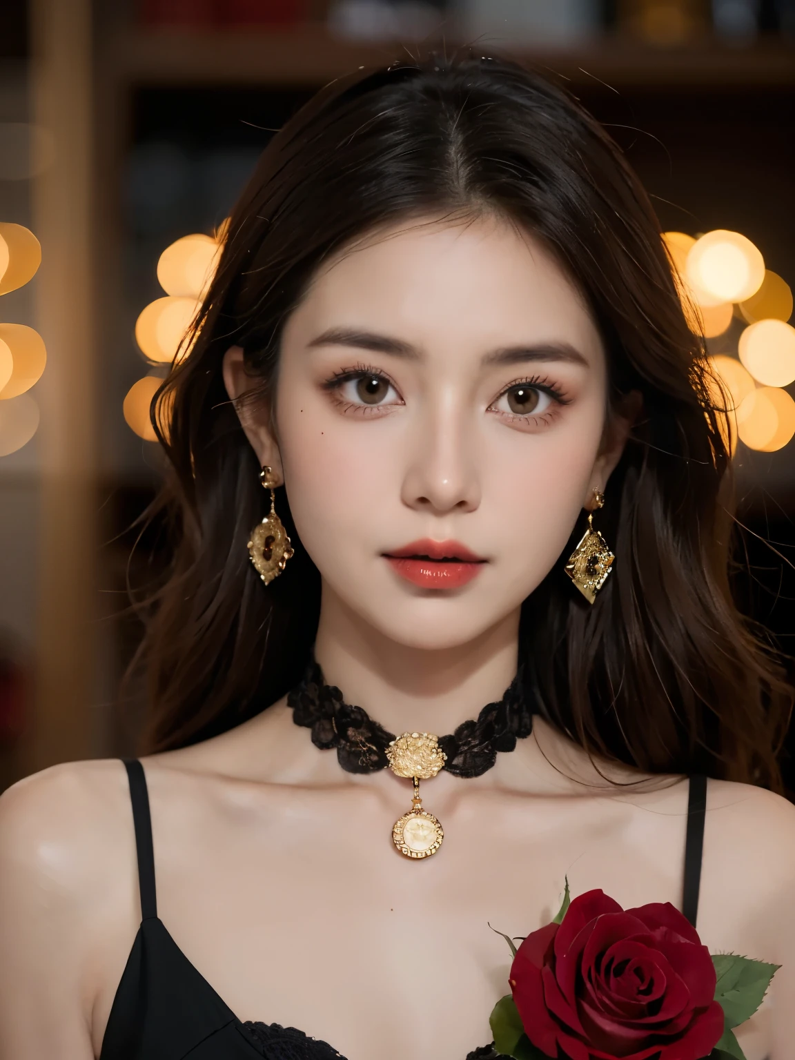8K, original photo, Fujifilm, Styled photo of a beautiful 45 year old woman, square face, A red rose around the neck, Wearing a black lace dress with red, gold earrings, Features as powerful as a spinning dove, (highly refined skin: 1.2), medium brown hair with lights, film grain, 35mm, cute style