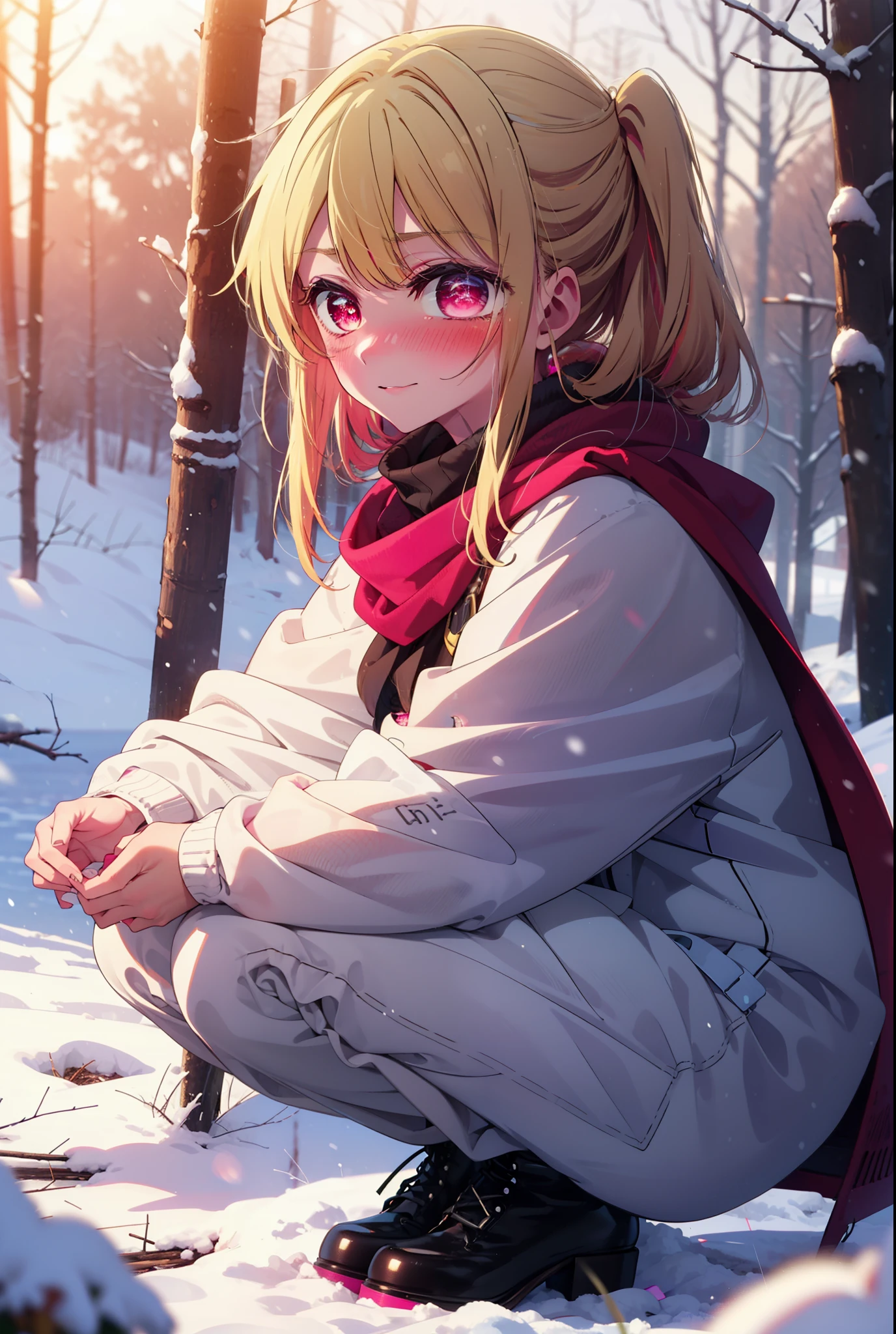 rubyhoshino, Hoshino Ruby, Long Hair, bangs, blonde, (Pink Eyes:1.3), Side Lock, (Symbol-shaped pupil:1.5), Multicolored Hair, Two-tone hair, smile,,smile,blush,white breath,
Open your mouth,snow,Ground bonfire, Outdoor, boots, snowing, From the side, wood, suitcase, Cape, Blurred, , forest, White handbag, nature, Squat, Mouth closed, Cape, winter, Written boundary depth, Black shoes, red Cape break looking at viewer, Upper Body, whole body, break Outdoor, forest, nature, break (masterpiece:1.2), Highest quality, High resolution, unity 8k wallpaper, (shape:0.8), (Beautiful and beautiful eyes:1.6), Highly detailed face, Perfect lighting, Extremely detailed CG, (Perfect hands, Perfect Anatomy),