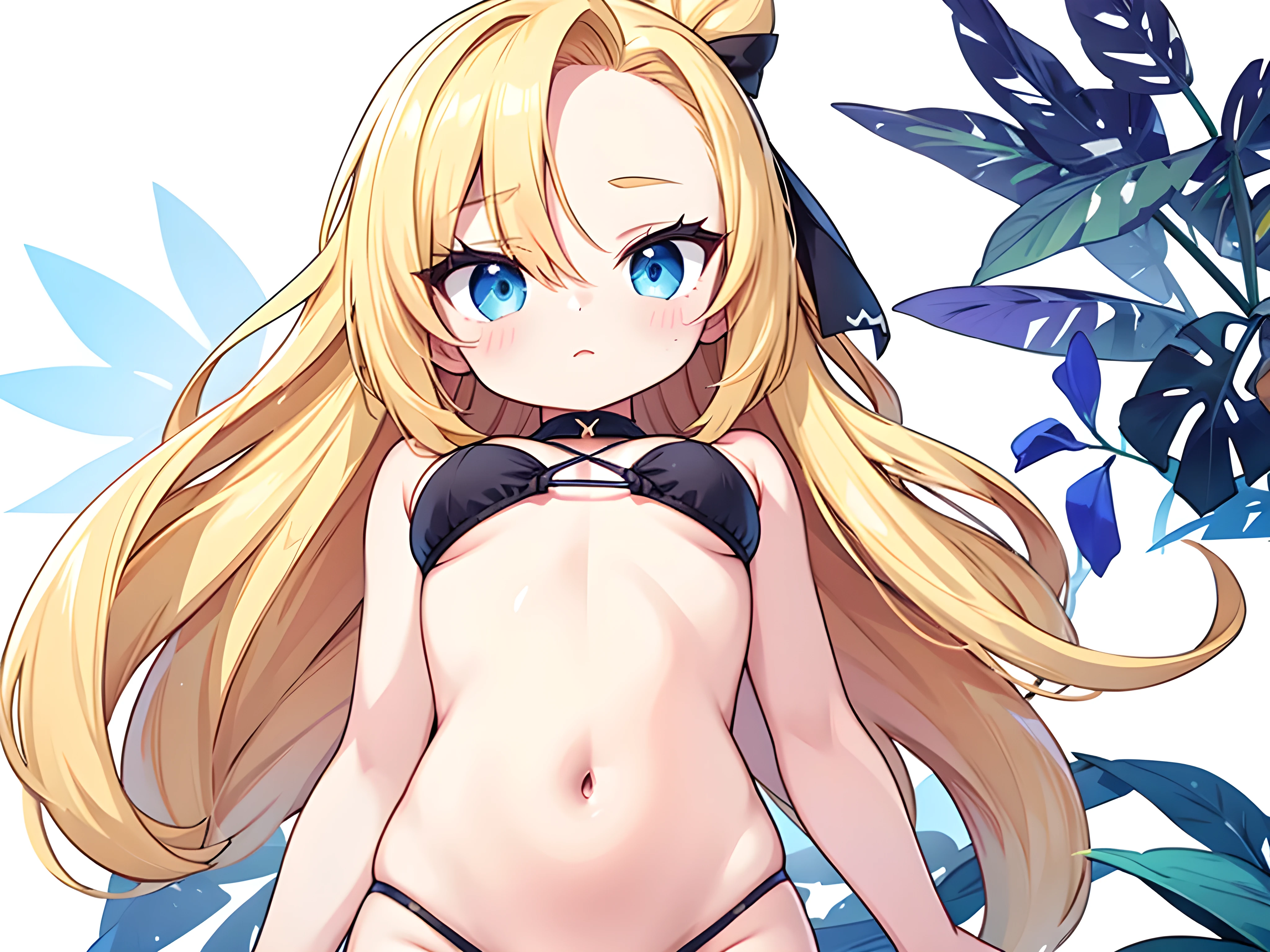 bright contrast, blonde girl, forehead, white background, original bikini, navel focus,