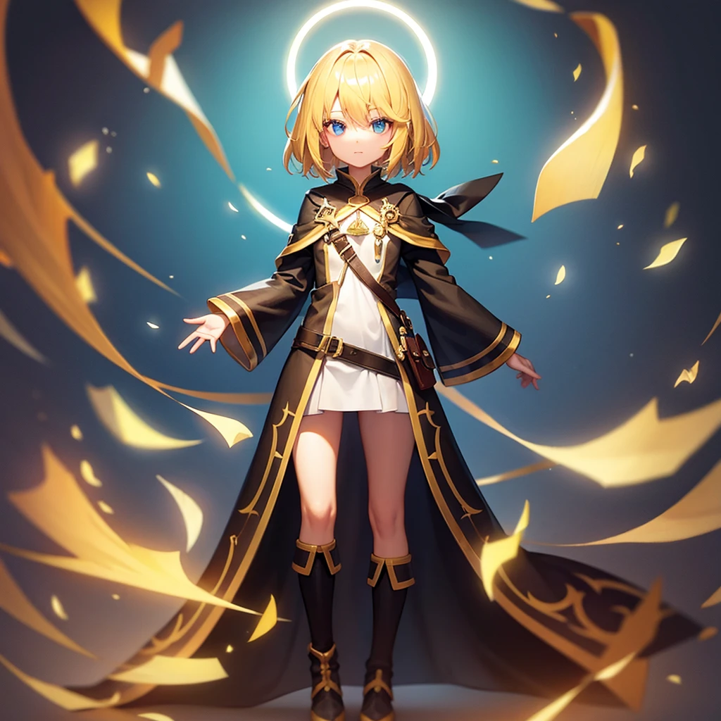 ((Adventurer)),Wizard,Cute little ,Tiny ,Small girl,,Childish face, Very fine clean face,Top quality,Straight Hair,Yellow hair,(Dark Room), Subtle Light, Natural light,Soft lighting,Light from directly behind,(Open your hands), (Are standing),Front view,Black background