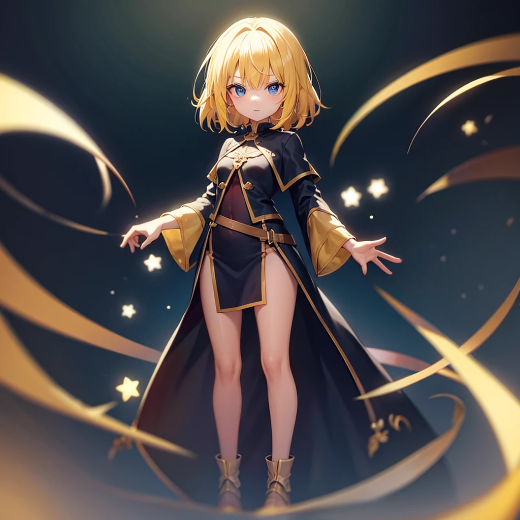 ((Adventurer)),Wizard,Cute little ,Tiny ,Small girl,,Childish face, Very fine clean face,Top quality,Straight Hair,Yellow hair,(Dark Room), Subtle Light, Natural light,Soft lighting,Light from directly behind,(Open your hands), (Are standing),Front view,Black background