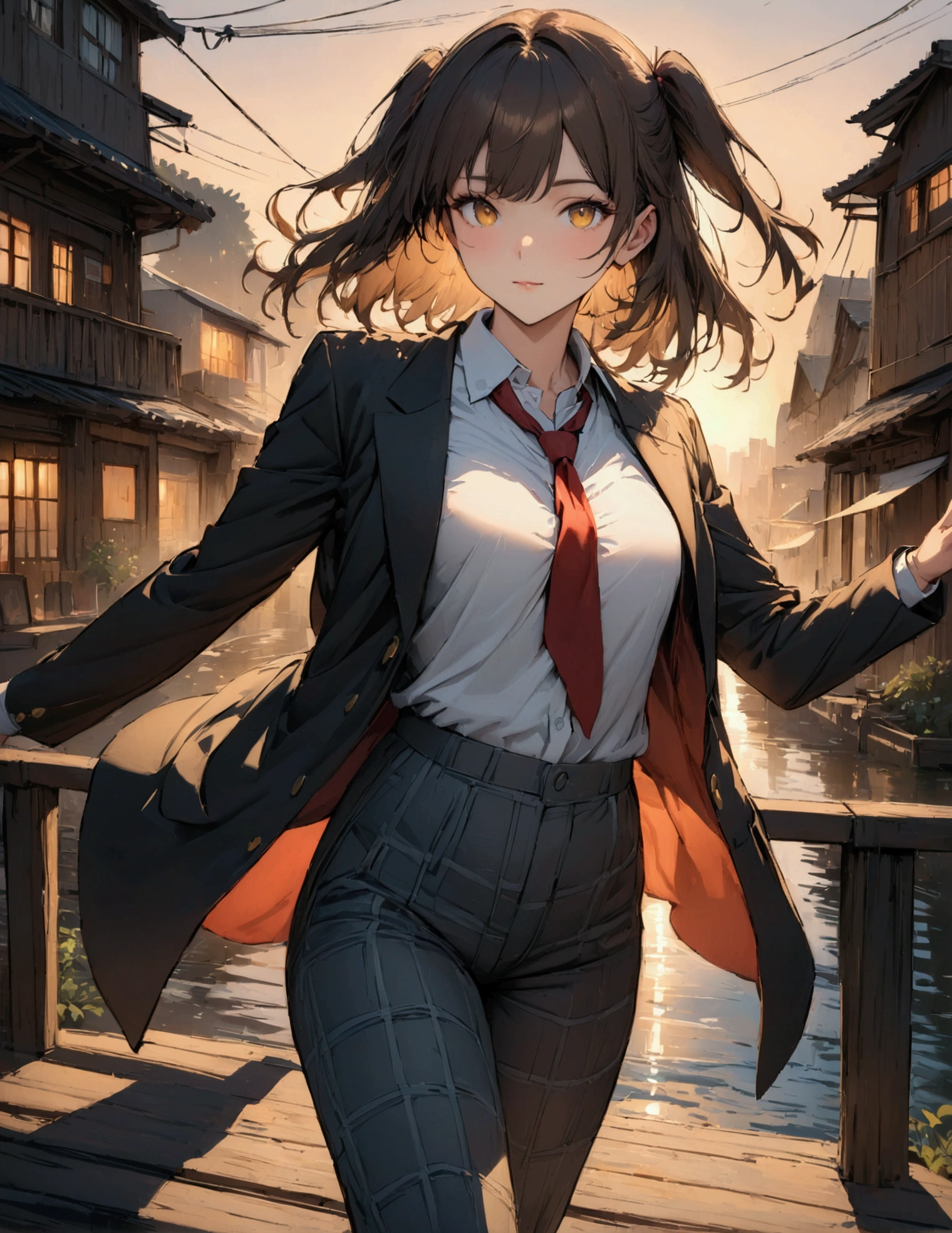 (masterpiece:1.3),(最high quality:1.4),(Very detailedな:1.5),High resolution,Very detailed,8k,artwork,High level of detail,rendering,high quality,Wide range of colors, Beautiful illustrations, (Natural Side Lighting, Cinema Lighting), View your viewers, Cowboy Shot, Front view, One anime boy, Japanese, High school boy, Perfect Face, A cool, symmetrical face, Glowing Skin,
(Medium Hair:1.2, ((Both sides up:1.2)), Brown Hair), Golden Eyes, Captivating thighs, Beautiful Hair, Beautiful Face, Beautiful attention to detail,Cool body, Beautiful feet, Beautiful fingers, (((ネイビーblazer, blazer), White shirt, Light blue checked trousers, Red tie),
(Beautiful views), evening, River side, walk, Cool face,
