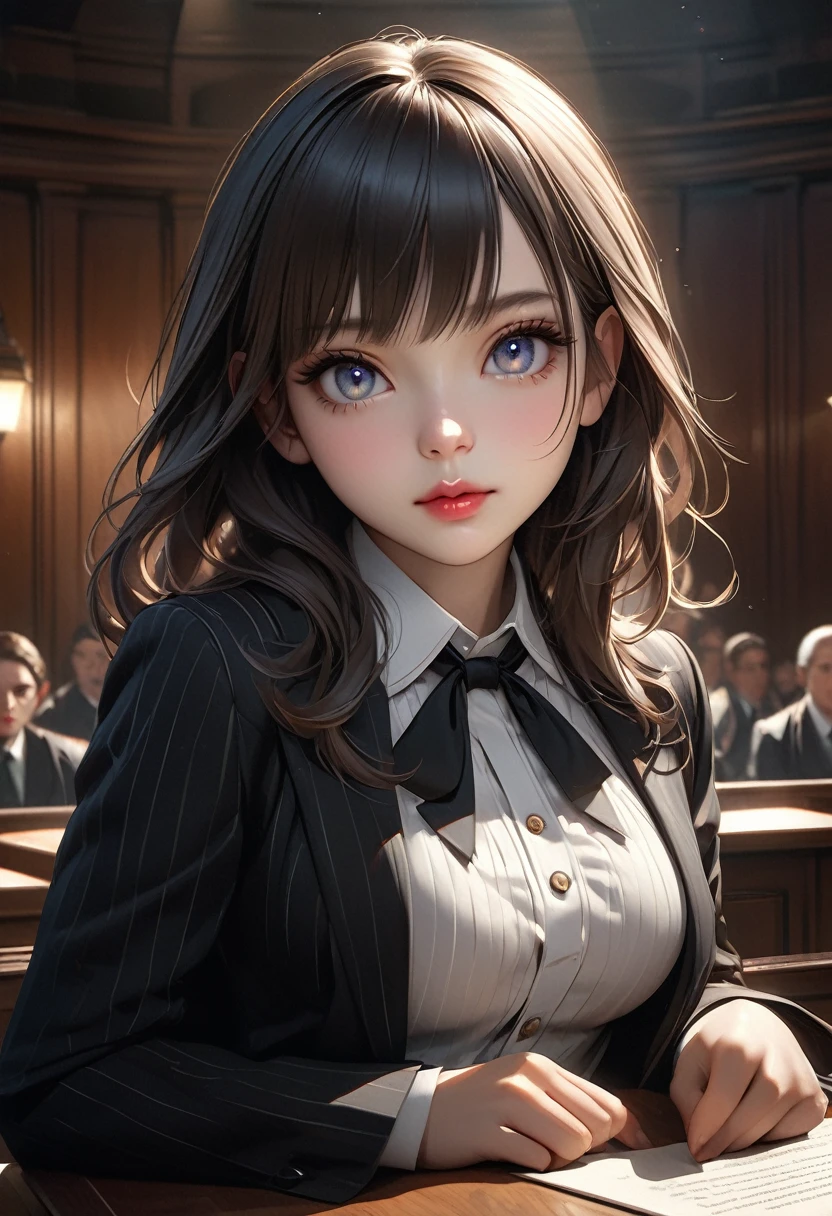 A scene of a beautiful and cute young female lawyer, standing with both hands on the desk:1.3, and making a powerful defense in court, a wonderful story telling, a detailed depiction of the courtroom, realistic and detailed paintings, intricate details, dramatic scenes. Lighting, cinematic composition, rich textures, vivid colors, chiaroscuro, sharp focus, surreal, photorealistic: 1.37, 16k, highest quality, high resolution, masterpiece: 1.2, professional digital art, through bangs,Beautiful details (hair, cute face, eyes, pupils, long eyelashes, lips), middle breasts,