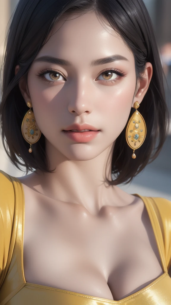 a beautiful goddess with sharp jawline, long earrings, huge breasts, big circle jhumki earrings, short shiny hair, perfect face, face makeup, yellow saree, printed blouse, thin body, tall figure, cleavage, navel, hand jewelry, rings, (best quality,4k,8k,highres,masterpiece:1.2),ultra-detailed,(realistic,photorealistic,photo-realistic:1.37),detailed eyes,detailed lips,extremely detailed face,long eyelashes,portrait