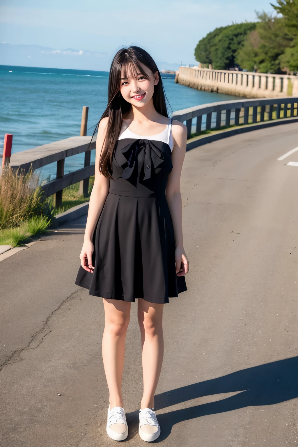 Standing on a deserted embankment near the sea、High school girls、Cute like an idol、Long black hair、Summer clothemiling、Full body portrait