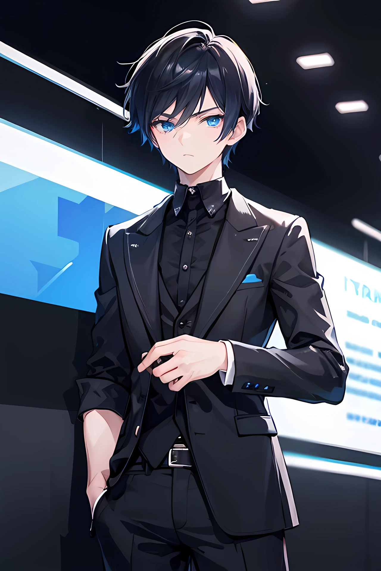 Young boy, black short hair, blue eyes, modern style, handsome boy, cool boy, age boy, stylist, nobleman style, dark background