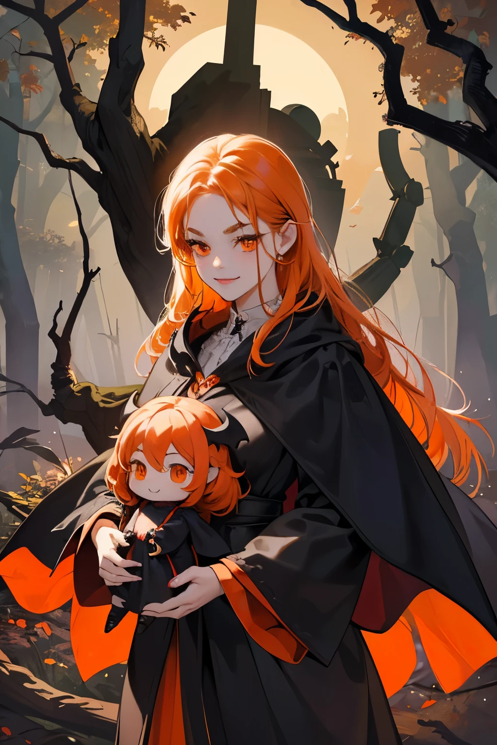 Photorealistic、Cute horror fantasy、Chibi Girl Doll(Devil Cosplay、Wicked Smile、Sagging under the eyes、Long eyebrows、Long nails、Orange eyes、Wear a long, big cloak) BREAK ,background(Musical notes around the doll, (dead tree:1.3), in the forest,shadow pappet\(Bat,Skeleton,Crow\)\)