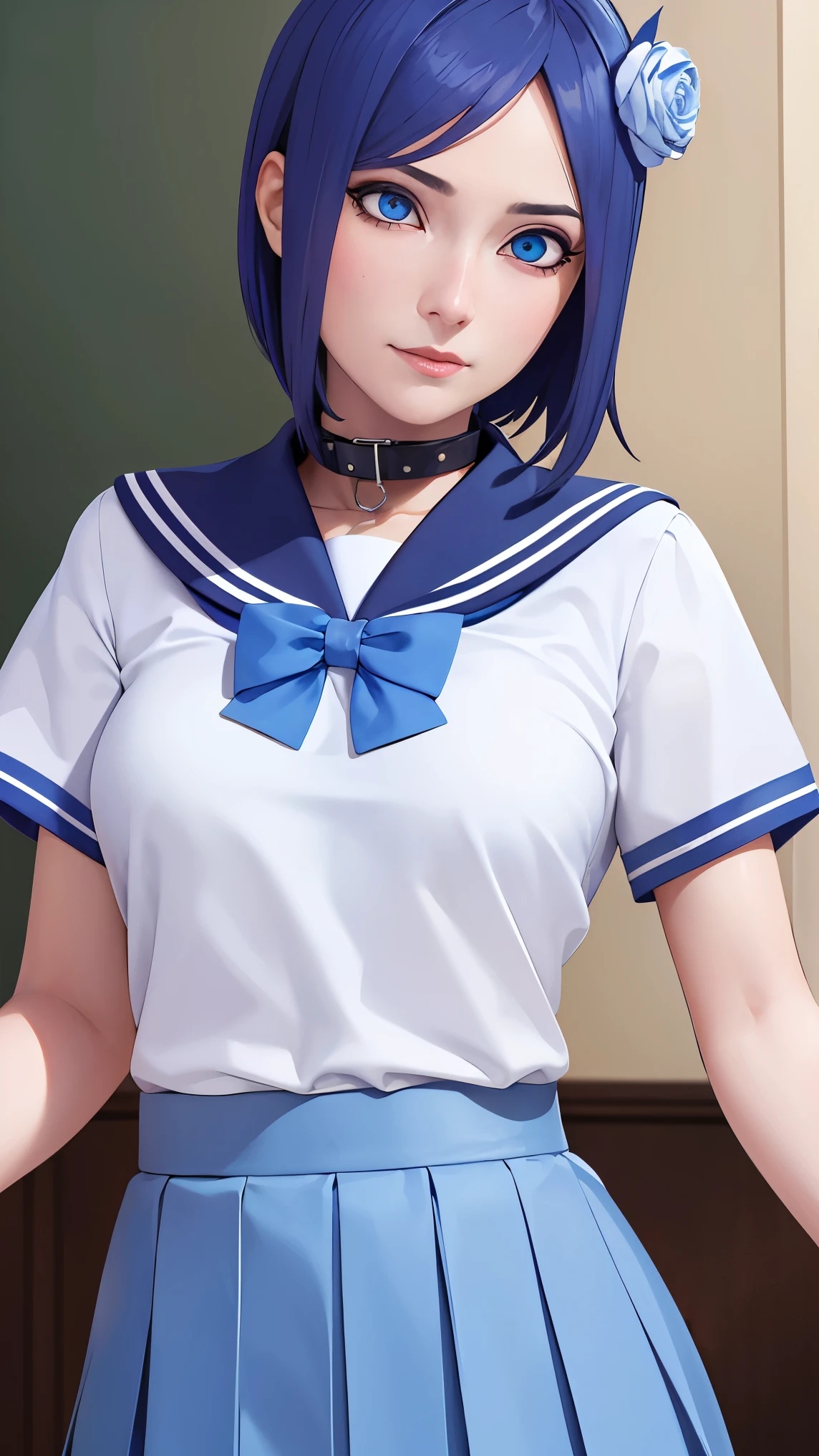 （（danya，konan \(naruto\),konan, blue hair, Orange pupils, short hair, hair ornament, flower, hair flower, ）））
BREAK ((blue bowtie, school_uniform,blue_sailor_collar,short_sleeves,blue and white skirt:1.5)) 
BREAK Tsundere,Evil smile,Top image quality,Best Quality,
BREAK (masterpiece:1.2), best quality, high resolution, unity 8k wallpaper, (illustration:0.8), (beautiful detailed eyes:1.6), extremely detailed face, perfect lighting, extremely detailed CG, (perfect hands, perfect anatomy),