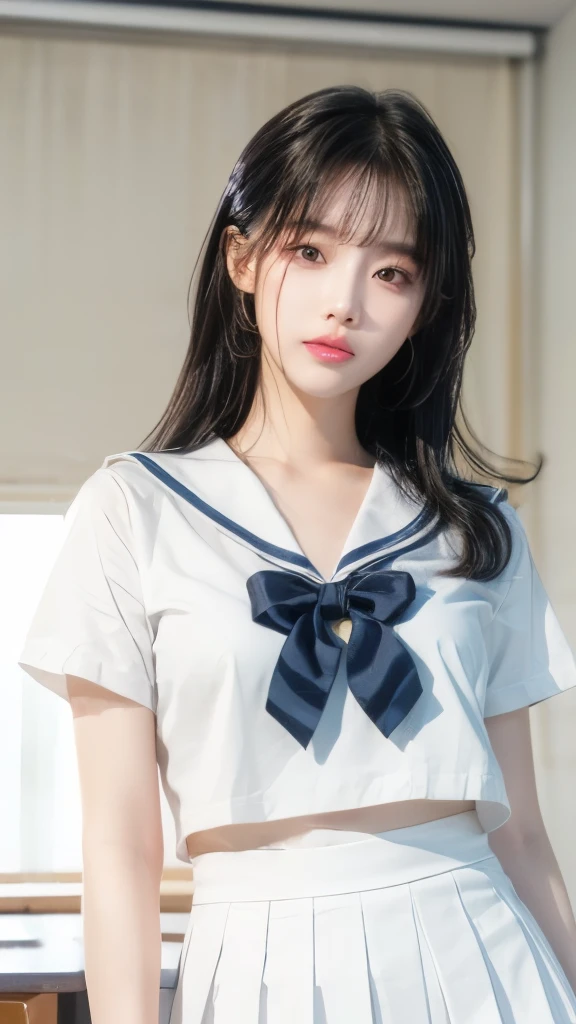 (8K, RAW photos, Reality:1.25) ,( Lip Gloss, eyelash, Glossy surface, Smooth skin, best quality, Ultra-high resolution, Depth of Field, Chromatic Aberration, Caustics, Broad lighting, Natural shade,Korean Idol) Looking at the audience with calm and goddess-like happiness, High school classroom, Sailor Suit, mini skirt，photograph，