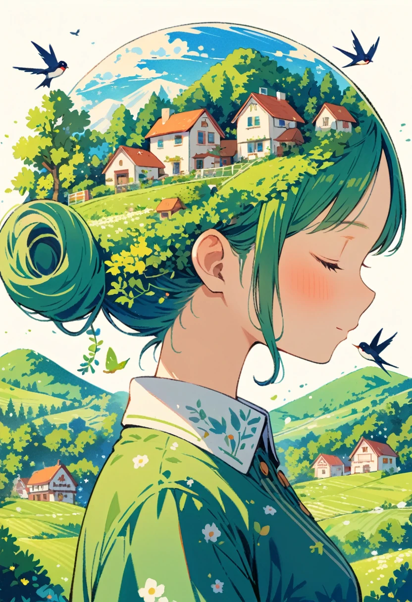 ((Long Shot:1.8)), (masterpiece, Highest quality:1.2), One girl, alone，The girl has an illustration of a quirky house on her head., Swallow, Green tones of wood々and hills, Evoke the charm of a charming rural landscape. The background blends in with her hair., Creates an atmosphere of tranquility、Create harmonious compositions that capture the beauty of nature。. This illustration symbolizes the harmony between humans and the environment., Focus on the face.