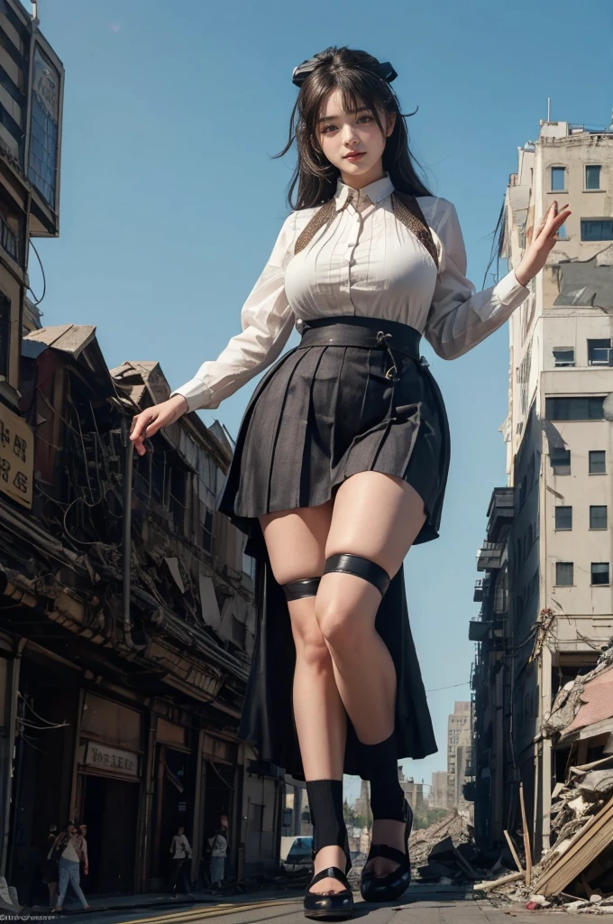 End of the Century Ruins、looking at the camera、The building collapses、Urban hustle and bustle、Traffic jam、City of Rubble、street tree、((((Azur Lane Cheshire Cosplay))))、Frilled maid outfit、(Super huge breasts)、(Plump thighs)、Ground View,City of Giants,500 foot tall giant girl,skyscraper,Has super long legs,Step into the crowd,There are many people on the street,Knee-high socks,garter belt、She has waist-length black hair,Wear Mary Jane heels,A happy look,Standing on the ruins,Beautiful appearance,Exquisite makeup,quality,8K,高quality,Perfect Proportions, Cinema Lighting,Film Grain,The Colors of Fuji,8K,Textured skin,Super Detail,High detail,high quality,High resolution,explode,False Smile,Show your pants