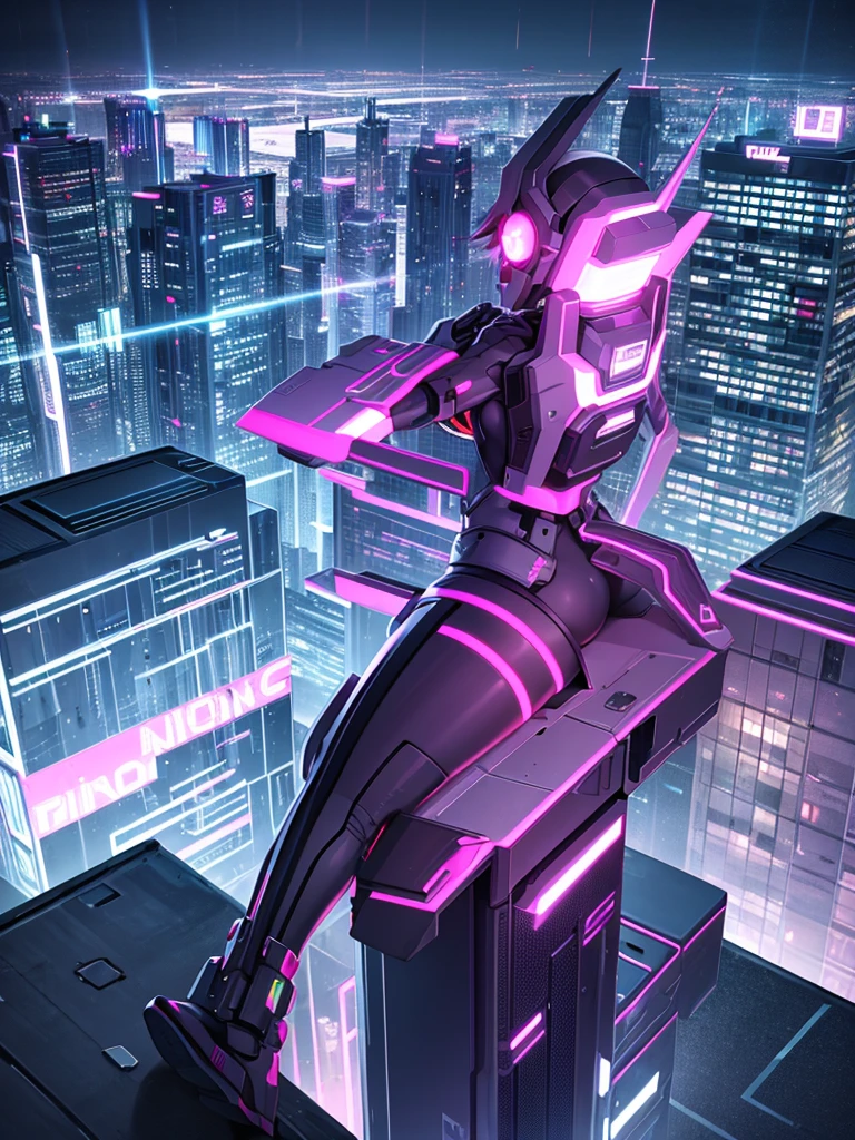 Highest quality,cyber punk,Modern building district,Neon Town,Pink Moon,night,Road in the middle,