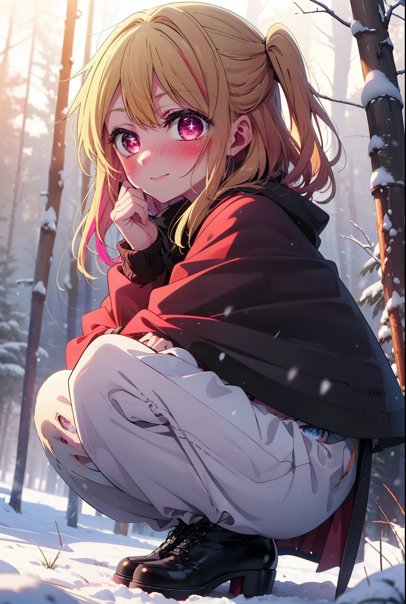 rubyhoshino, Hoshino Ruby, Long Hair, bangs, blonde, (Pink Eyes:1.3), Side Lock, (Symbol-shaped pupil:1.5), Multicolored Hair, Two-tone hair, smile,,smile,blush,white breath,
Open your mouth,snow,Ground bonfire, Outdoor, boots, snowing, From the side, wood, suitcase, Cape, Blurred, , forest, White handbag, nature, Squat, Mouth closed, Cape, winter, Written boundary depth, Black shoes, red Cape break looking at viewer, Upper Body, whole body, break Outdoor, forest, nature, break (masterpiece:1.2), Highest quality, High resolution, unity 8k wallpaper, (shape:0.8), (Beautiful and beautiful eyes:1.6), Highly detailed face, Perfect lighting, Extremely detailed CG, (Perfect hands, Perfect Anatomy),
