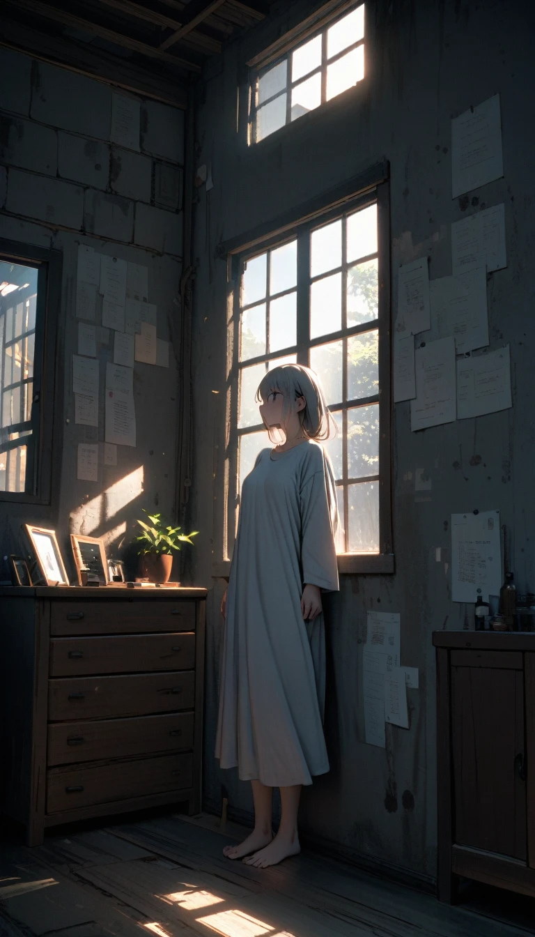 1 female,((whole body)),Gray brick white wall,Sunlight,window,Window paper,Vaguely,international,bedroom。