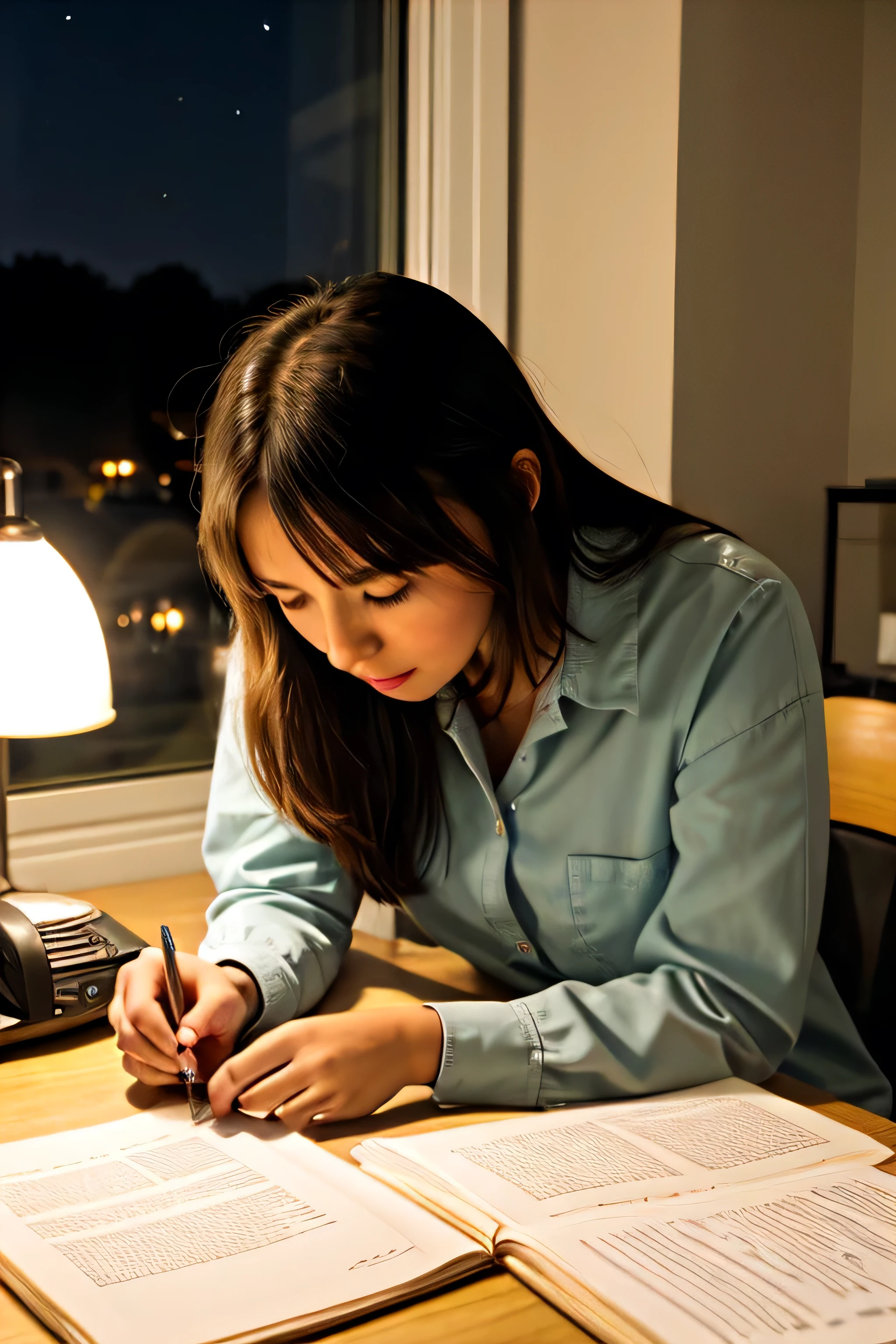 Girls working alone a desk bright star at the background night