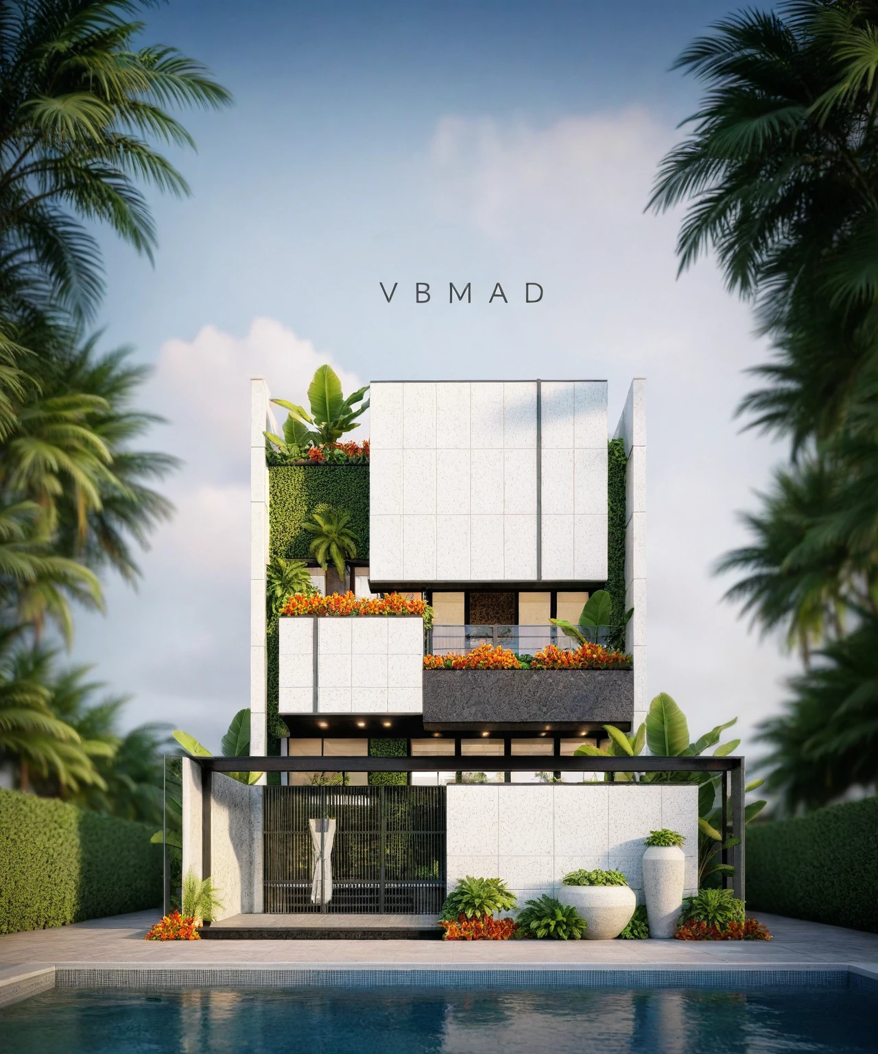 (masterpiece),(high quality), best quality, real,(realistic), super detailed,(full detail),(4k),8k,modern house exterior design,Modern architecture,white_house,Beautiful_sky,sunrise_light,(gentle light),((no_strong_contrast)), no_humans, outdoors,sky,((Tropical_trees)),Coconut_trees,Palm trees,Pool and Garden_flower_front_of_building,pool villa,(strong interior light),