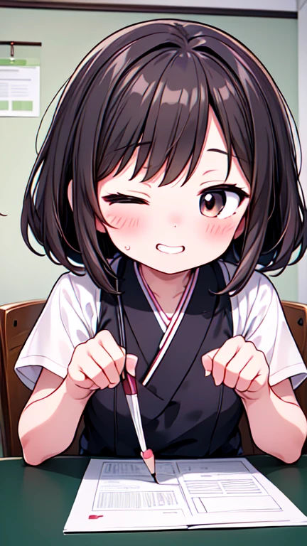 Let's think step by step,Highest quality, masterpiece, Ultra-high resolution, 8k,Show anime style ,Soft Line Art, Digital Enhancement, shojo anime touch, shojo manga core, Flowing fabric, close, Soft Drawing, Ultra-Definition Digital Anime Art, Clear facial depiction, Super detailed girl cartoon character art, Ultra-detailed manga style, Highest qualityの色,(((Upper body close-up))), (Tabletop,Highest quality:1.4),(8k,RAW Photos,Like the picture:1.2), Detailed skin,Detailed face,Woman with short brown hair,clear brown eyes, Anatomically perfect hands,A little chubby,Small breasts,Small butt,Japanese Idols,Cute Face,left and right eyes closed,Smiling with mouth open, showing upper teeth