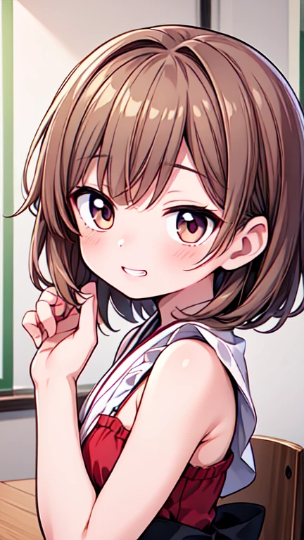 Let's think step by step,Highest quality, masterpiece, Ultra-high resolution, 8k,Show anime style ,Soft Line Art, Digital Enhancement, shojo anime touch, shojo manga core, Flowing fabric, close, Soft Drawing, Ultra-Definition Digital Anime Art, Clear facial depiction, Super detailed girl cartoon character art, Ultra-detailed manga style, Highest qualityの色,(((Upper body close-up))), (Tabletop,Highest quality:1.4),(8k,RAW Photos,Like the picture:1.2), Detailed skin,Detailed face,Woman with short brown hair,clear brown eyes, Anatomically perfect hands,A little chubby,Small breasts,Small butt,Japanese Idols,Cute Face,left and right eyes closed,Smiling with mouth open, showing upper teeth